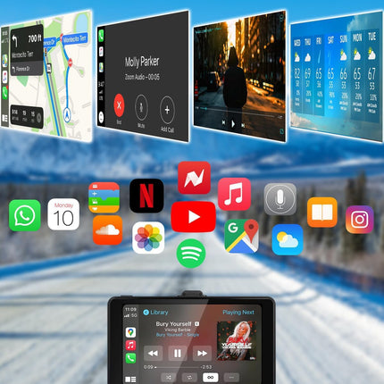 Aonerex kaasaskantav CarPlay ekraan, juhtmevaba Android Auto HD tahavaatekaameraga, 7-tolline IPS-ekraan, Bluetooth käed-vabad kõned, Siri, häälassistent, GPS-navigatsioon, MirrorLink, FM