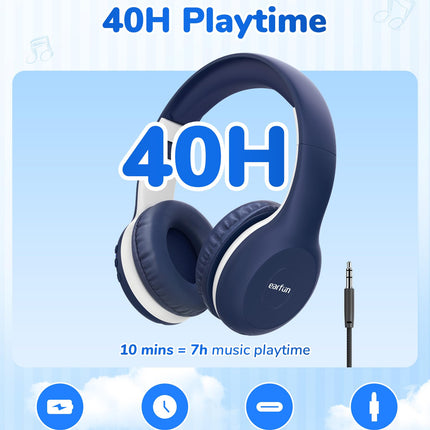 EarFun Bluetooth kõrvaklapid lastele, 85/94dB helitugevuse reguleerimine, HiFi heli, HD mikrofon, 40 tundi aku kestvust, kokkupandavad, reguleeritavad, juhtmevabad Bluetooth kõrvaklapid lastele kooli/reisimiseks, sinised