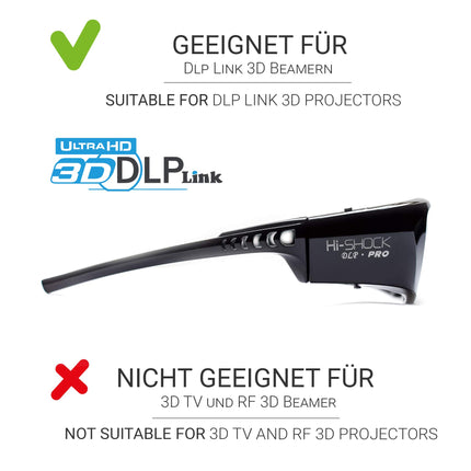 2x Hi-Shock DLP Pro 7G Black Diamond | DLP Link 3D-prillid kõikidele DLP 3D-projektoritele | Ühildub Optoma, Ace, BenQ, Vivatec, Viewsonic, LG [uusim põlvkond | katikuprillid | 96-144 Hz | 39 g | aku]