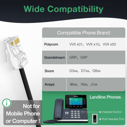 Yealinki telefonipeakomplektid kontoritelefonidele YHS34 Lite QD - RJ9 juhtmega peakomplekt, ühildub Poly Avaya Snom Grand Stream telefonidega, lauatelefoni peakomplekt mikrofoniga - kahekordne/111g/2.1m kaabel