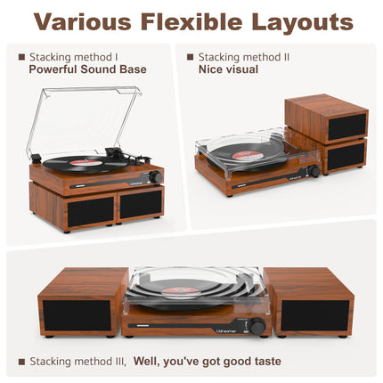 Udreamer Record Player with 2 Dual Stereo Speakers, Vintage Record Player Bluetooth 5.3 Supports 3 Speeds, AUX-In, RCA Line, USB, Wireless Playback, Brown
