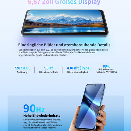 OUKITEL C58 (16GB+128GB) nutitelefon ilma lepinguta - 6,67-tolline 90Hz Android 14 mobiiltelefon soodne, 5150mAh aku, 13MP+5MP kaamera, näotuvastus ja sõrmejäljelugeja, NFC, GPS, kahe SIM-kaardi pesa 4G soodne nutitelefon, sinine