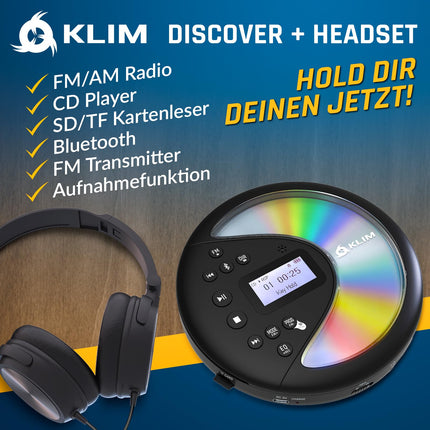 KLIM Discover with headphones + Portable CD player Walkman with long-lasting battery + FM radio + Compatible MP3 CD player + SD card, FM transmitter, Bluetooth + Ideal for cars + Portable CD player