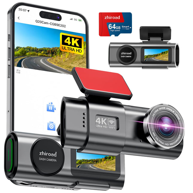 4K WiFi Dashcam Car Front, App Control Car Dashcam with 64G SD Card and Detachable Mount, 1.47" IPS Screen, 170° Super Wide Angle, Night Vision, WDR, G-Sensor, Loop Recording, 24H Parking Monitoring