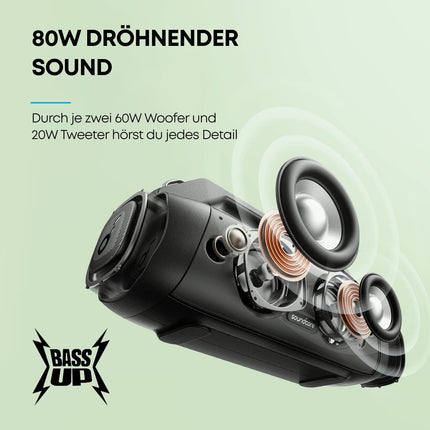 Soundcore Anker Motion Boom Plus IP67 väliskõlar, 80W stereoheli, kohandatud ekvalaiser ja bassivõimendus, USB-C, Bluetooth, sisseehitatud akupank, veekindel, telkimiseks, basseini jaoks, rannale, aeda