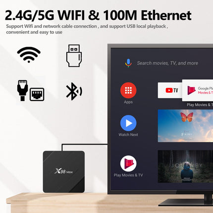 Puersit Android 10.0 teleriboks, Allwinner H313 neljatuumaline 64-bitine neljatuumaline Arm Cortex A53 protsessor, 2 GB muutmälu, 8 GB ROM, G31 OPenGL 3.2, toetab 2,4G 5,8 GHz WiFi-ühendust 4K UHD ja 100M LAN Etherneti Androidi mooduliga