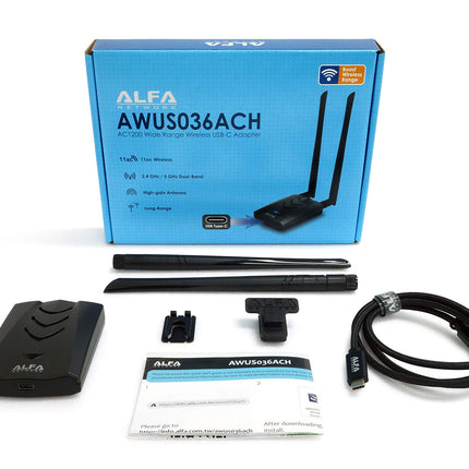 ALFA NETWORK C-tüüpi WiFi USB, pika levialaga kahesageduslik AC1200 traadita USB WiFi-adapter 2x 5DBI välise antenniga - 2.4GHz 300Mbps / 5GHz 867Mbps