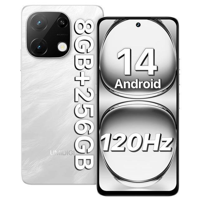 UMIDIGI mobiiltelefon Android 14, 8(4+4)+256GB/1TB TF nutitelefon ilma lepinguta, 120Hz 6.8-tolline HD+ nutitelefon, Bluetooth 5.2, 5000mAh, Octa Core, 4G kahe SIM-kaardiga/Face ID/Sõrmejäljelugeja/13MP/GPS/OTG-Note 100A valge