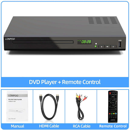 HD Blu-ray mängija, kompaktne Blu-ray mängija HDMI 1080P DVD-mängija HDMI-väljundi/AV-väljundi/koaksiaalväljundiga, USB-sisendiga, toetab kõiki DVD-sid ja B-regiooni / 2 Blu-ray plaate