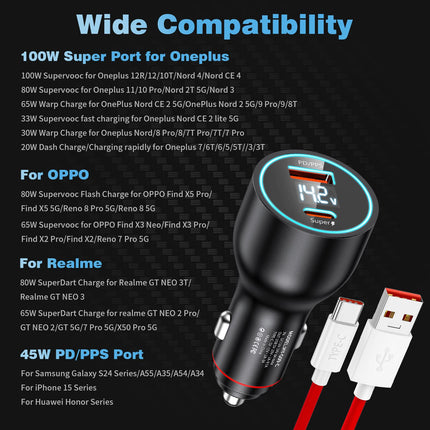 100W sigaretisüütaja USB-laadija OnePlus Supervooc Charge'ile, USB-C autolaadija kahe pordiga USB-C laadimiskaabel autolaadija OnePlus 13 12 10Pro Nord 2T Nord 4 CE 4 Lite OPPO Reno 11F jaoks