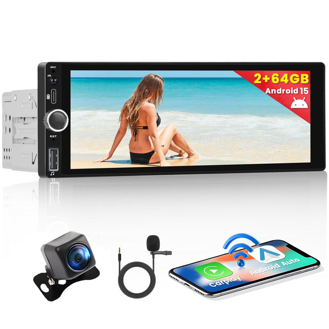 2 GB + 64 GB 1 DIN Android 13 autoraadio navigatsiooniga, juhtmevaba Carplay, Android Auto, 6,9-tolline ekraan, raadio, Bluetooth, peegliühendus, WiFi, FM/RDS/EQ/USB, roolilt juhtimine, tahavaatekaamera