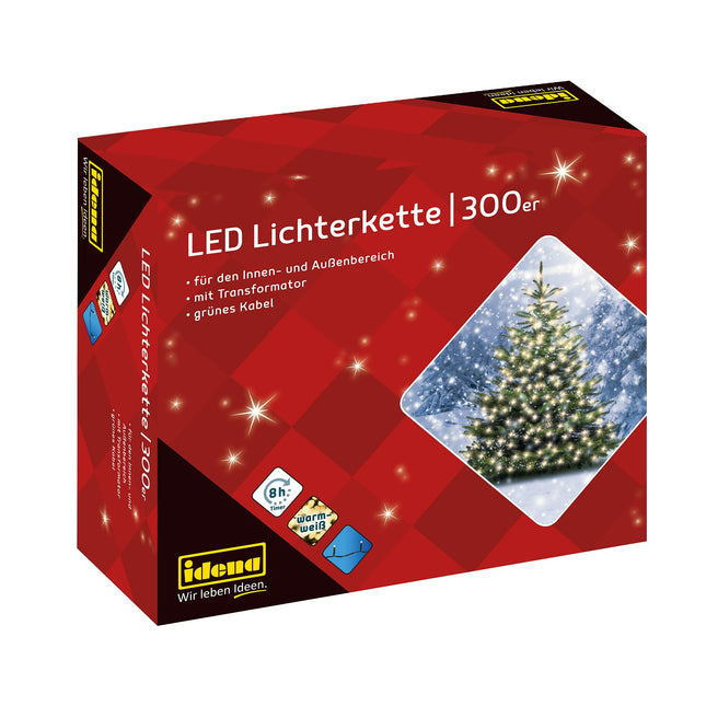 Idena 30441 - LED light chain with 300 LEDs in warm white, with 8-hour timer function and transformer, approx. 37.9 m long, decoration for indoor &amp; outdoor use, as party decoration, Christmas decoration, for weddings
