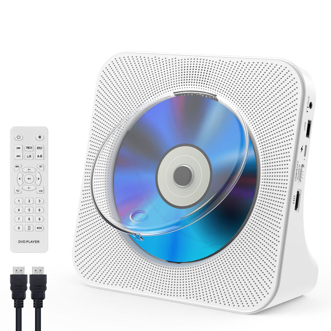 Gueray DVD-mängija telerile, kõikide piirkondade tasuta lauaarvuti DVD/CD-mängija koju, Bluetooth-kõlarid, ekraaniga äratuskell, FM-raadio, CD-mängija ja USB-kaardi taasesitus, kaugjuhtimispult, HDMI- ja AV-kaabel (valge)