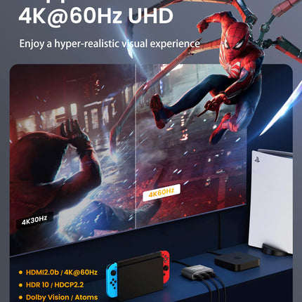 avedio lingid HDMI-lüliti koos 3,9 jala pikkuse HDMI-kaabliga, 4K@60Hz alumiiniumist HDMI-lüliti 3 sisse- ja 1 väljundiga, HDMI-jaotur 3 sisse- ja 1 väljundiga, toetab 3D-d, HDCP2.2, HDR10, 18 Gbit/s Fire Sticki, PS5, Xboxi, DVD ja Blu-Ray jaoks