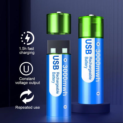 USB Rechargeable AA Battery 3000mWh/Lithium - 1.5V Li-Ion AA Battery Rechargeable High Capacity Rechargeable Batteries AA Quick Charge in 1.5 Hours (4Pcs)