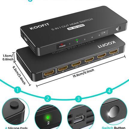HDMI-lüliti 4K, HDMI-jaotur 5 sisendit ja 1 väljundit koos IR-kaugjuhtimispuldiga, lüliti 5 pordi valikukast toetab HDCP 2.2 HDR10 3D 18Gbps 4K 3D HDR-i teleripulgale HDTV Xboxile