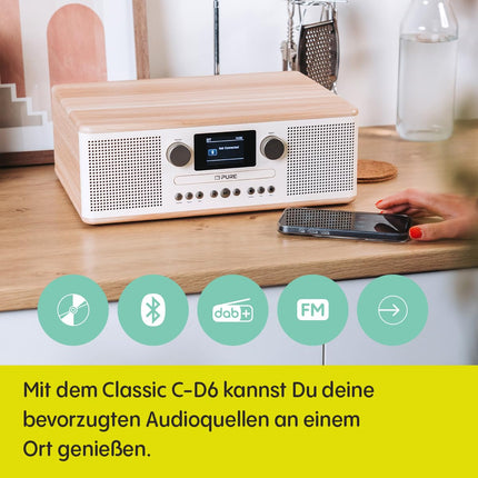 Pure Classic C-D6 muusikakeskus (CD-mängija, DAB+/FM, Bluetooth, AUX, USB, äratuskell, unetaimer) Puuvillvalge/tamm