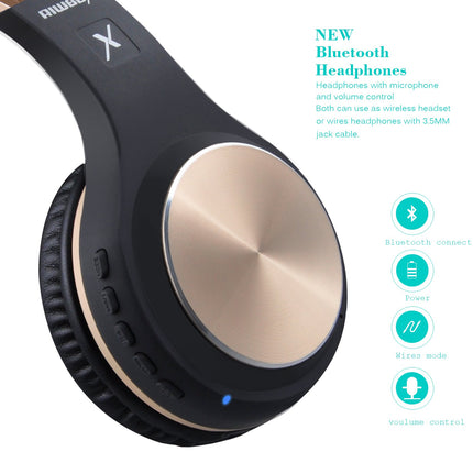 Riwbox Bluetooth kõrvaklapid, XBT-80 kokkupandavad juhtmevabad stereo kõrvaklapid mikrofoni ja helitugevuse regulaatoriga, kaabliga või ilma, arvuti/mobiiltelefonide/teleri jaoks (must ja kuldne)