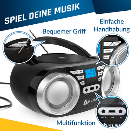 KLIM B3 kaasaskantav CD-mängija Bluetooth Boombox FM-raadio, Bluetoothi, USB ja AUX-iga - kvaliteetsed topeltkõlarid, ekvalaiseriga heliefektid, 20 eelsalvestatud jaama, kompaktne ja kerge | Kaasaskantav CD-mängija