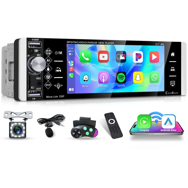 Inefala juhtmevaba Carplay autoraadio 1 DIN Android Auto FM/AM/RDS raadio Bluetooth, 5.1-tolline autoraadio peegliühendusega Bluetooth vabakäesüsteem USB/AUX/TF/EQ roolil juhtimine tahavaatekaamera
