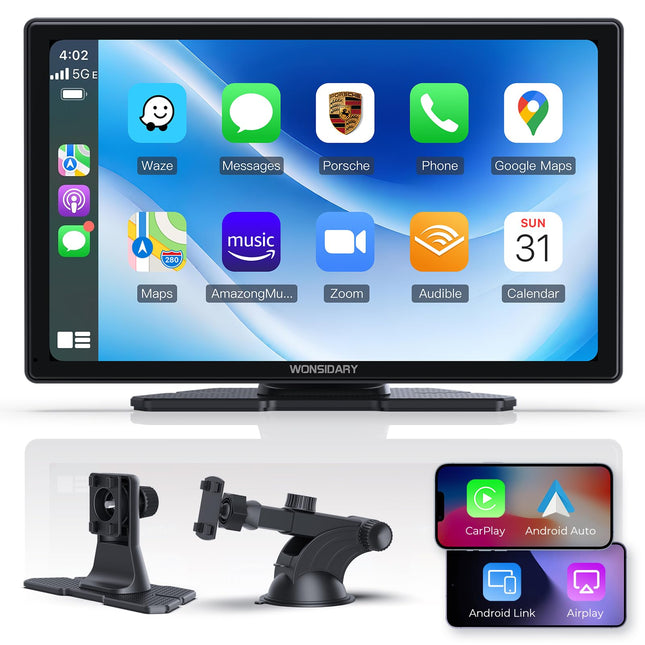 Wonsidary 9-tolline CarPlay ekraan, mis ühildub Apple CarPlay ja Android Autoga, IPS CarPlay ekraan valgustundliku funktsiooniga, Bluetooth, Mirror Link, FM, Siri/Google Assistant ja kaks USB-porti