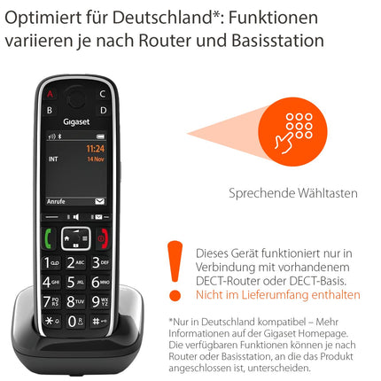 Gigaset E720HX - DECT-telefonitoru laadimisalusega - Juhtmeta seenioride telefon ruuteri ja DECT-aluse jaoks - Bluetooth ja kõnepult koos teadaandega, must [saksakeelne versioon] [ilma aluseta]