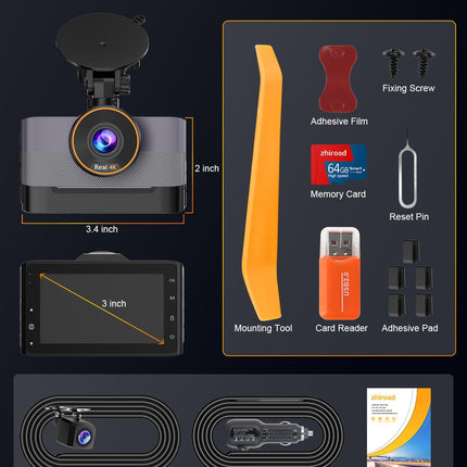 Auto videoregistraator ees/taga 4K+1080P, WiFi videoregistraator 64GB mälukaardiga, 3" IPS ekraan, öönägemine+WDR, G-sensor, tsükkelsalvestus, 170°+140° lainurk, 24H parkimisrežiim, rakenduse juhtimine, tugi max 256GB