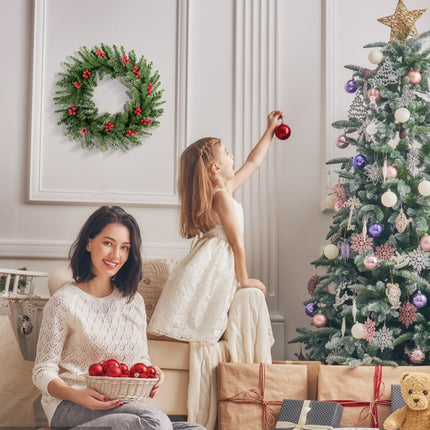 Christmas wreath for the front door with 12 red berries, 120 pine leaf tips, artificial Christmas garland made of PVC+PE, hanging wreath, Christmas decoration for indoor outdoor window fireplace wall