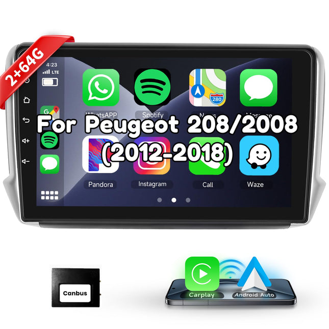 Podofo Carplay autoraadio Peugeot 208/2008 2012-2018, Android 2G+64G HiFi, 10" puutetundlik ekraan, Android Auto GPS, Navi, WiFi, Bluetooth, FM RDS raadio, USB autostereo