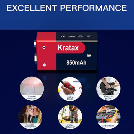 Kratax 9V Block 850 mAh Rechargeable Lithium-ion Batteries. [4 Pack] Suitable for multimeters, alarm systems, walkie-talkies, etc.