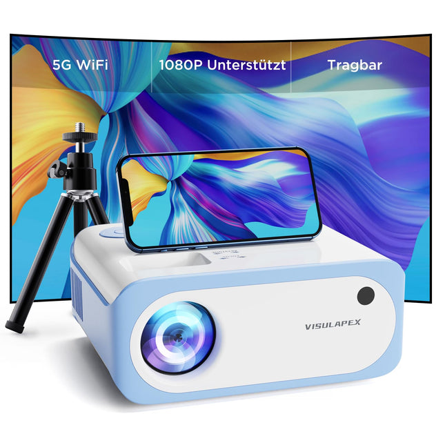 Miniprojektor statiiviga, kaasaskantav projektor Full HD 1080P toega, VISULAPEX V3 5G WiFi 9000LM videoprojektor mobiiltelefonile, ühildub teleripulga/X-Boxi/DVD/sülearvuti/nutitelefoni väikese projektoriga