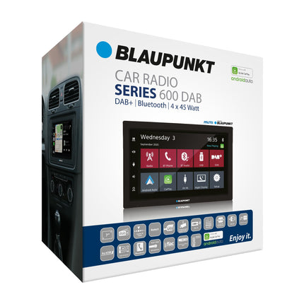 Blaupunkt Oslo 600 DAB, 2-DIN car multimedia, 7-inch touchscreen, wireless CarPlay, wireless Android Auto, DAB+, Bluetooth, hands-free system, USB, rear view camera input, 180 watts