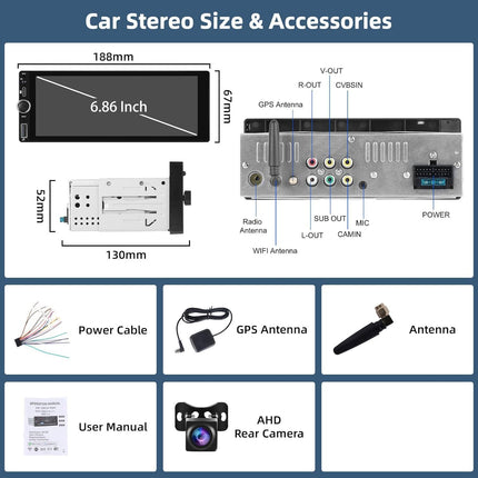 2 GB + 64 GB 1 DIN Android 13 autoraadio navigatsiooniga, juhtmevaba Carplay, Android Auto, 6,9-tolline ekraan, raadio, Bluetooth, peegliühendus, WiFi, FM/RDS/EQ/USB, roolilt juhtimine, tahavaatekaamera