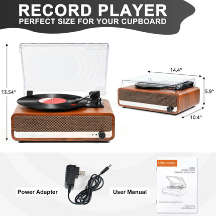 Udreamer plaadimängija kõlariga, Bluetooth-plaadimängija, vintage-vinüülimängija, toetab USB-AUX-sisendit, kõrvaklappe, RCA-liiniväljundit, 3 kiirust, rihmülekanne, peeglidisain, oranžkollane