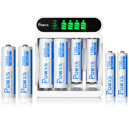 POWXS akulaadija 4 sektsiooniga, mahutab 4 x AA ja 4 x AAA suure mahutavusega akusid, akulaadija 4 sektsiooniga LCD-ekraani ja kiirlaadimisfunktsiooniga, toetab USB ja C-tüüpi sisendit