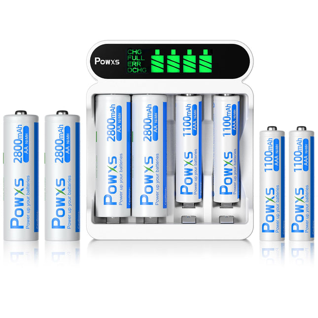 POWXS akulaadija 4 sektsiooniga, mahutab 4 x AA ja 4 x AAA suure mahutavusega akusid, akulaadija 4 sektsiooniga LCD-ekraani ja kiirlaadimisfunktsiooniga, toetab USB ja C-tüüpi sisendit