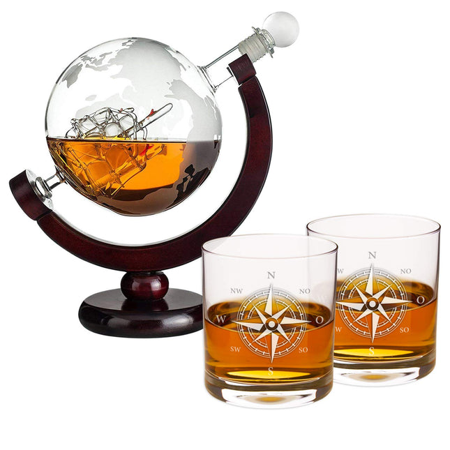 Whiskey Decanter Set | Whiskey Gift Set | Whiskey Gifts for Men | Christmas Gifts for Men | Gifts for Grandpa and Uncle | Globe Decanter (2 Whiskey Glasses with Silver Compass Engraving)