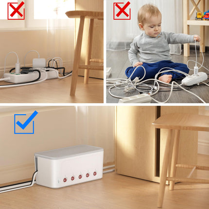 Kaablikarp pikendusjuhega, valge, 5-suunaline mitme pistikupesaga ülepingekaitse, 5 pistikupesa ja 4 USB-d, kaablikorraldaja, pikendusjuhe, eraldi lülitatav lauakorraldaja, kaablihalduskarp