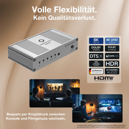 OEHLBACH Highway Switch 8K - HDMI 2.1 lüliti - 2 sisendit ja 1 väljundit HDMI-adapter puldiga (4K 120Hz, 8K 60Hz, 48Gbit, VRR, Dolby Vision, Atmos, HDR10, HDCP 2.3) - matt hõbedane