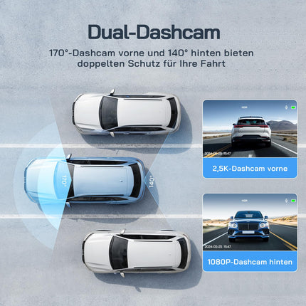 WOLFANG Dashcam Car Front Rear 2.5K+1080P Car Camera, Ultra Night Vision, 170° Wide Angle, WDR, 24h Parking Mode, G-Sensor, Loop Recording, Indoor with 32GB SD Card
