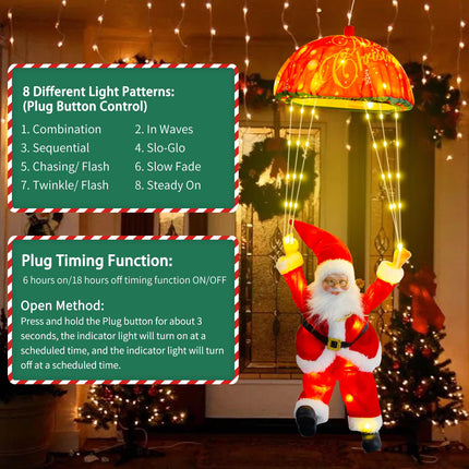 Santa Claus parachute fairy lights, 63CM 70 LED Christmas fairy lights plug in with timer, 8 modes, Christmas lights for indoor and outdoor Christmas decorations, windows, Christmas trees, balconies (warm white)