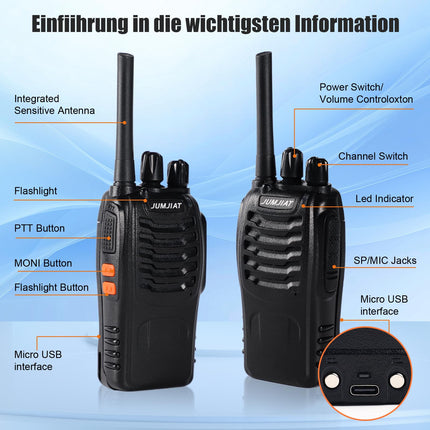JUMJIAT Walkie-Talkie 16 kanaliga pikamaaraadiod, raadiosaatjad sisseehitatud LED-taskulamp, USB-C-laadimiskaabel ja peakomplekt (2 tk)