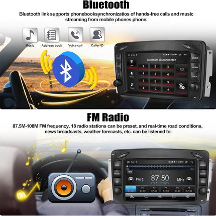 2 GB + 64 GB RAM-iga CAMECHO Android 13 autoraadio navigatsiooniga Mercedes Benz C, CLK, G-klassi W203, W209, W463, Viano, Vito, W639 autodele, kahe DIN-raadio 7-tollise ekraaniga, peegliühendusega RDS/FM Bluetooth+DSP