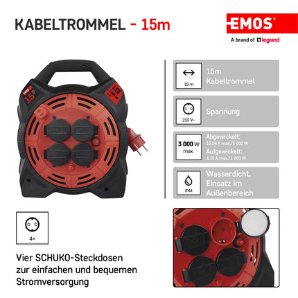 EMOS - 15m kaablirull LED-prožektoriga - 4 Schuko pistikupesa - veekindel, löögikindel, kuuma- ja külmakindel - 230 V, 13 A, 3000 W - H07RN-F3G 1,5 mm² - IP44 välistingimustes kasutamiseks