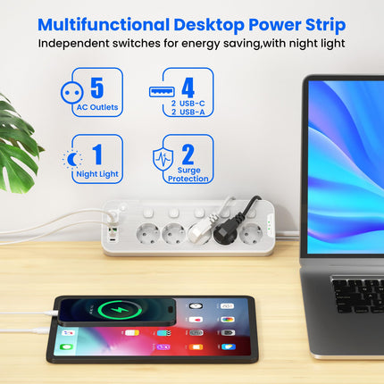 Table socket with USB, 5-way power strip individually switchable, corner socket for kitchen and office, wall-mounted multiple socket with switch, metal power strip surge protection 2M cable, white