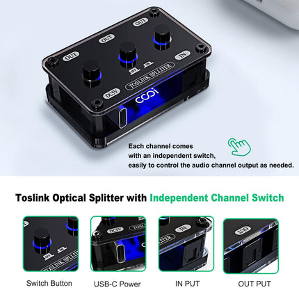 COOIDEA Toslinki jaotur 3:1 optilise audiokaabli adapter sõltumatute kanalilülititega, toetab 192 kHz / 24-bitist LPCM 2.0 DTS Dolby-AC3, ühildub PS3, TV, STB, Xboxiga, sisaldab optilist kaablit