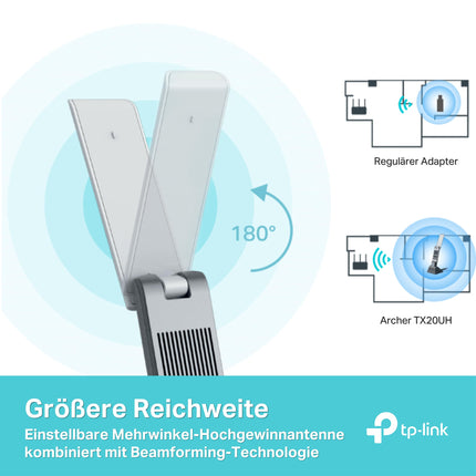 TP-Link Archer TX20UH WiFi 6 WLAN-pulk arvutile, USB WLAN-adapter AX1800 kahesageduslik, MU-MIMO, WPA3, USB 3.0, ühildub ainult Windows 10/11-ga
