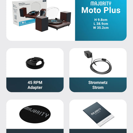 Record player with speakers | Record player with Bluetooth | Vinyl player with premium cassette | Record player with USB recording | Turntable with 45 RPM adapter and felt mat | Majority Moto Plus