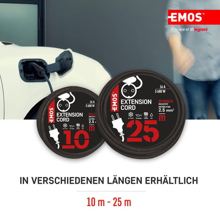 EMOS - IP44 extension cable 25m - 1 Schuko socket - waterproof, impact-resistant, temperature- and oil-resistant - 230 V, 16 A, 3680 W - rubber insulation - H07RN-F3G 2.5 mm² - for outdoor use - black