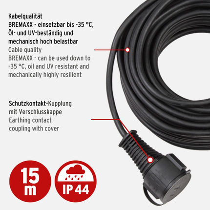 Brennenstuhl BREMAXX pikenduskaabel (15 m must kaabel, lühiajaliseks välistingimustes kasutamiseks IP44, kasutatav temperatuuril kuni -35 °C ja UV-kindel)